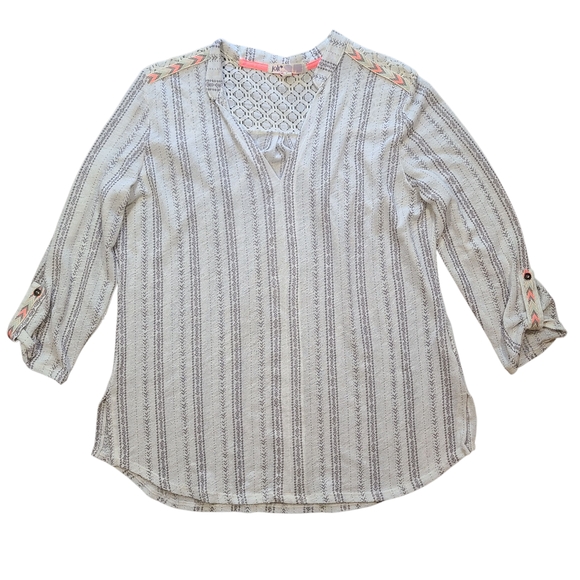 Jolt XL Striped Lace Crochet Blouse Boho Peasant Top 3/4 Sleeve Embroidered - Picture 1 of 10
